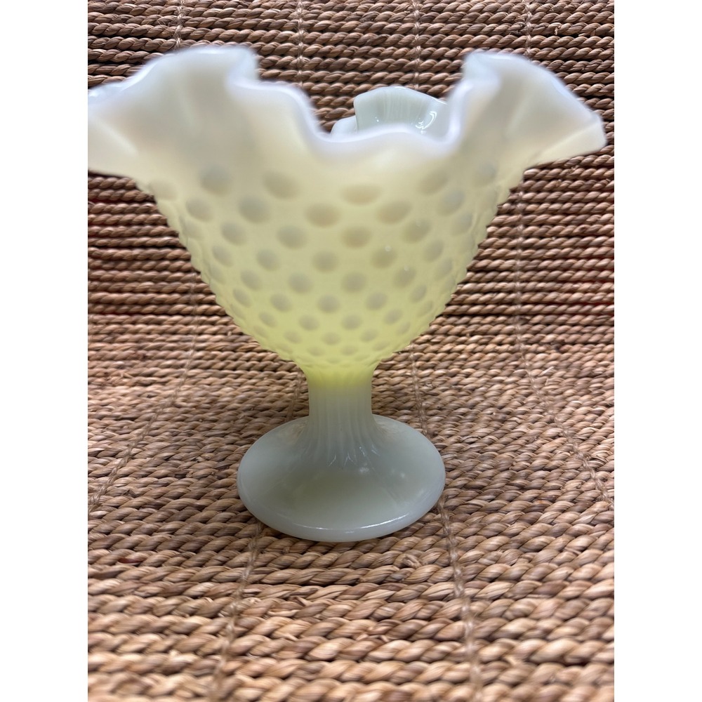 Fenton Custard Glass Hobnail Ruffled Compote Pedestal Candy Dish Vintage